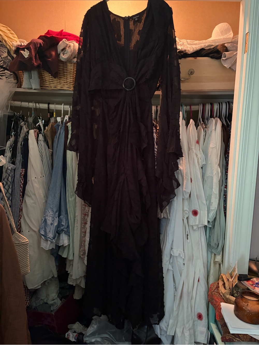 Boohoo Black Ruffled Maxi Dress with Waist Ring